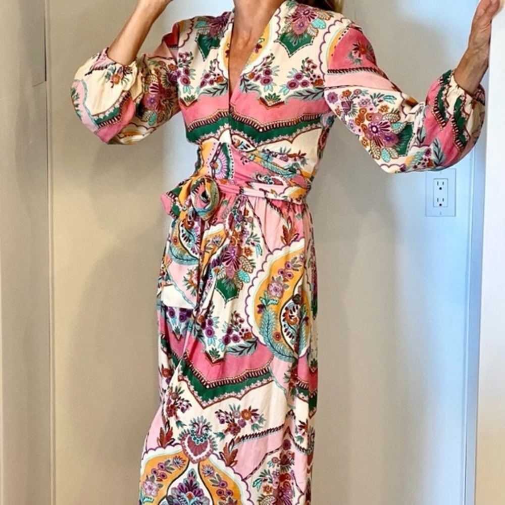 ZARA MIDI WRAP Moroccan FLORAL PRINT DRESS Hot Pink Scarf influencer blogger